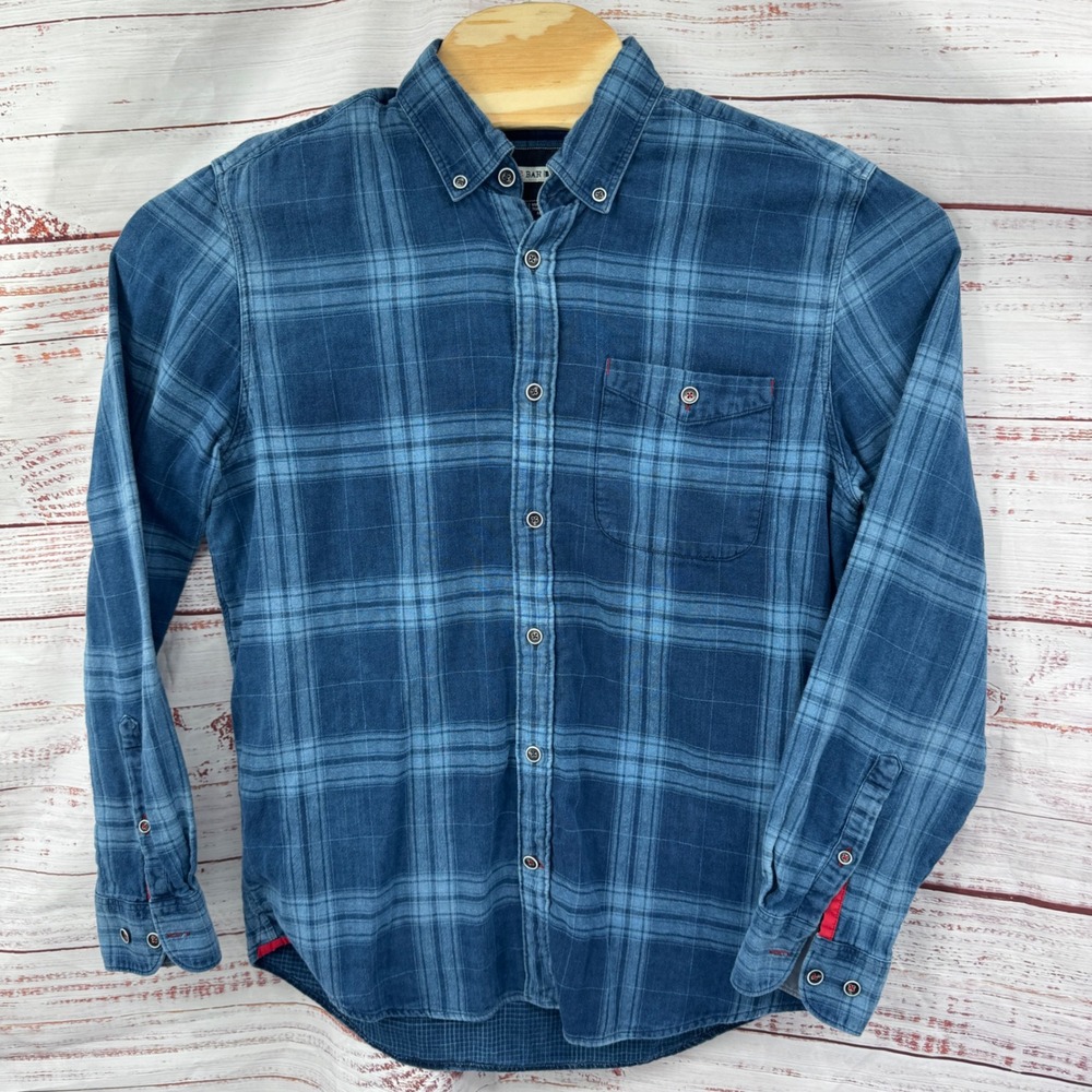 32 Bar Blues Shirt Mens Medium Plaid Long Sleeve Button Up Blue Casual‎